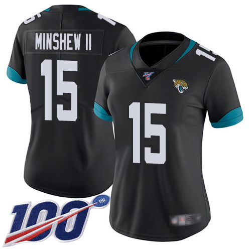 Nike Jaguars #15 Gardner Minshew II Black Team Color Women's Stitched NFL 100th Season Vapor Limited Jersey
