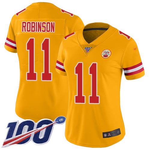 Nike Chiefs #11 Demarcus Robinson Gold Women's Stitched NFL Limited Inverted Legend 100th Season Jersey
