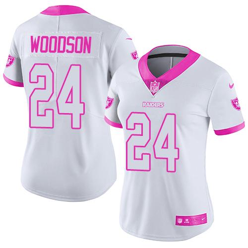 Nike Raiders #24 Charles Woodson White/Pink Women's Stitched NFL Limited Rush Fashion Jersey Nike Raiders #24 Charles Woodson White/Pink Women's Stitched NFL Limited Rush Fashion Jersey