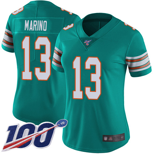 Nike Dolphins #13 Dan Marino Aqua Green Alternate Women's Stitched NFL 100th Season Vapor Limited Jersey Nike Dolphins #13 Dan Marino Aqua Green Alternate Women's Stitched NFL 100th Season Vapor Limited Jersey