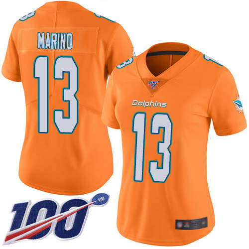 Nike Dolphins #13 Dan Marino Orange Women's Stitched NFL Limited Rush 100th Season Jersey Nike Dolphins #13 Dan Marino Orange Women's Stitched NFL Limited Rush 100th Season Jersey