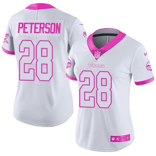 Nike Vikings #28 Adrian Peterson White/Pink Women's Stitched NFL Limited Rush Fashion Jersey