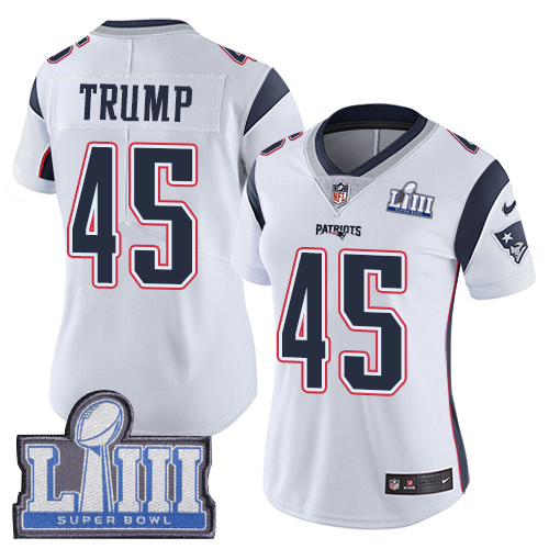 Nike Patriots #45 Donald Trump White Super Bowl LIII Bound Women's Stitched NFL Vapor Untouchable Limited Jersey Nike Patriots #45 Donald Trump White Super Bowl LIII Bound Women's Stitched NFL Vapor Untouchable Limited Jersey