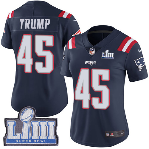 Nike Patriots #45 Donald Trump Navy Blue Super Bowl LIII Bound Women's Stitched NFL Limited Rush Jersey Nike Patriots #45 Donald Trump Navy Blue Super Bowl LIII Bound Women's Stitched NFL Limited Rush Jersey
