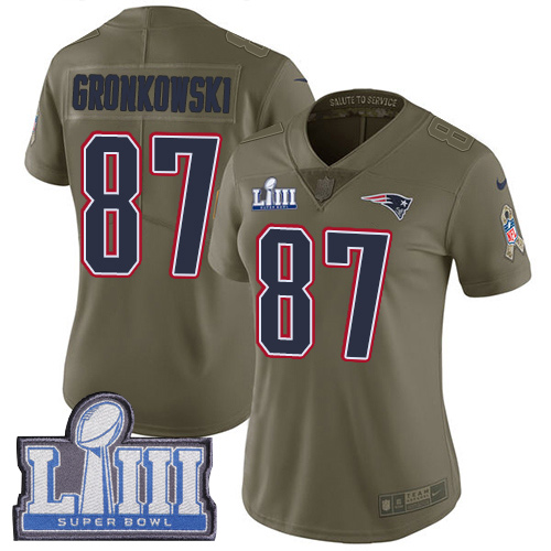 Nike Patriots #87 Rob Gronkowski Olive Super Bowl LIII Bound Women's Stitched NFL Limited 2017 Salute to Service Jersey Nike Patriots #87 Rob Gronkowski Olive Super Bowl LIII Bound Women's Stitched NFL Limited 2017 Salute to Service Jersey