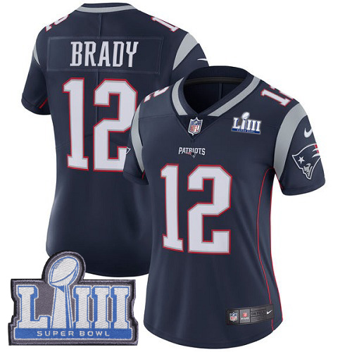 Nike Patriots #12 Tom Brady Navy Blue Team Color Super Bowl LIII Bound Women's Stitched NFL Vapor Untouchable Limited Jersey Nike Patriots #12 Tom Brady Navy Blue Team Color Super Bowl LIII Bound Women's Stitched NFL Vapor Untouchable Limited Jersey