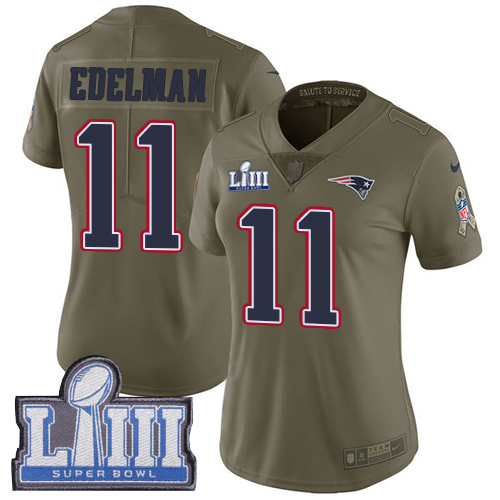 Nike Patriots #11 Julian Edelman Olive Super Bowl LIII Bound Women's Stitched NFL Limited 2017 Salute to Service Jersey Nike Patriots #11 Julian Edelman Olive Super Bowl LIII Bound Women's Stitched NFL Limited 2017 Salute to Service Jersey