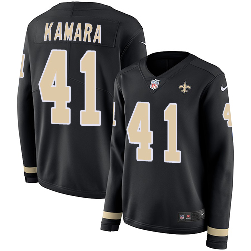 Nike Saints #41 Alvin Kamara Black Team Color Women's Stitched NFL Limited Therma Long Sleeve Jersey