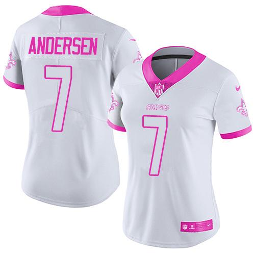 Nike Saints #7 Morten Andersen White/Pink Women's Stitched NFL Limited Rush Fashion Jersey