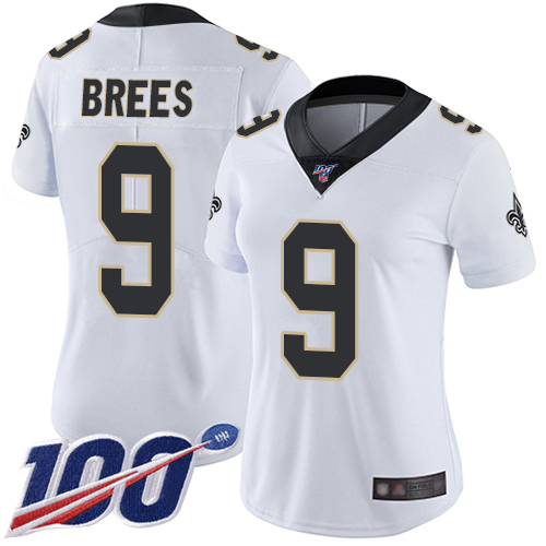 Nike Saints #9 Drew Brees White Women's Stitched NFL 100th Season Vapor Limited Jersey