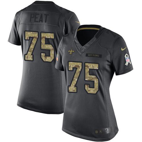 Nike Saints #75 Andrus Peat Black Women's Stitched NFL Limited 2016 Salute to Service Jersey