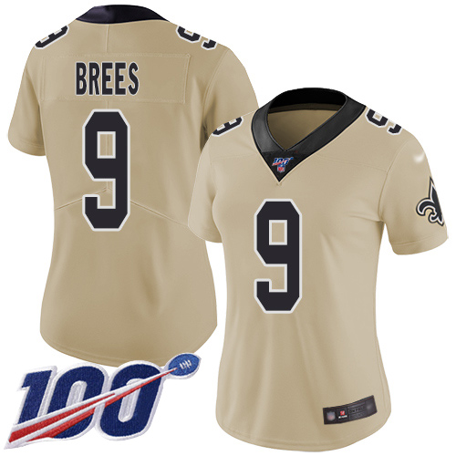 Nike Saints #9 Drew Brees Gold Women's Stitched NFL Limited Inverted Legend 100th Season Jersey Nike Saints #9 Drew Brees Gold Women's Stitched NFL Limited Inverted Legend 100th Season Jersey