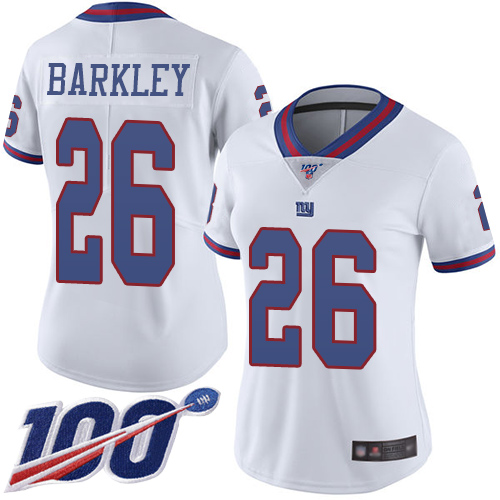 Nike Giants #26 Saquon Barkley White Women's Stitched NFL Limited Rush 100th Season Jersey Nike Giants #26 Saquon Barkley White Women's Stitched NFL Limited Rush 100th Season Jersey