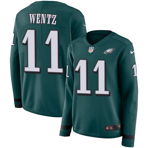 Nike Eagles #11 Carson Wentz Midnight Green Team Color Women's Stitched NFL Limited Therma Long Sleeve Jersey