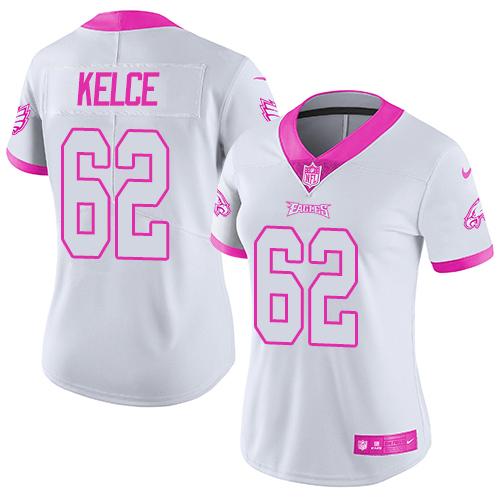 Nike Eagles #62 Jason Kelce White/Pink Women's Stitched NFL Limited Rush Fashion Jersey