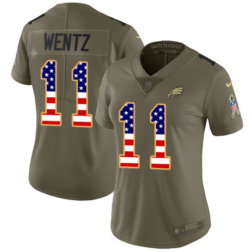 Nike Eagles #11 Carson Wentz Olive/USA Flag Women's Stitched NFL Limited 2017 Salute to Service Jersey