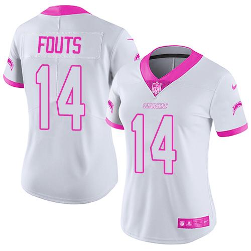 Nike Chargers #14 Dan Fouts White/Pink Women's Stitched NFL Limited Rush Fashion Jersey