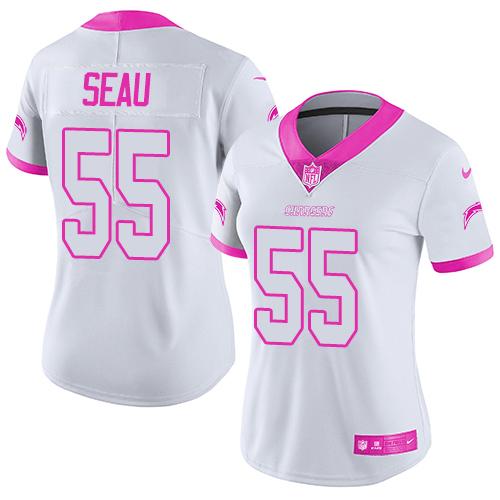 Nike Chargers #55 Junior Seau White/Pink Women's Stitched NFL Limited Rush Fashion Jersey