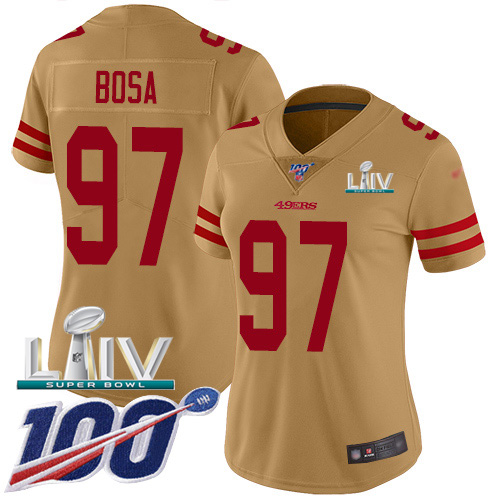 Nike 49ers #97 Nick Bosa Gold Super Bowl LIV 2020 Women's Stitched NFL Limited Inverted Legend 100th Season Jersey Nike 49ers #97 Nick Bosa Gold Super Bowl LIV 2020 Women's Stitched NFL Limited Inverted Legend 100th Season Jersey