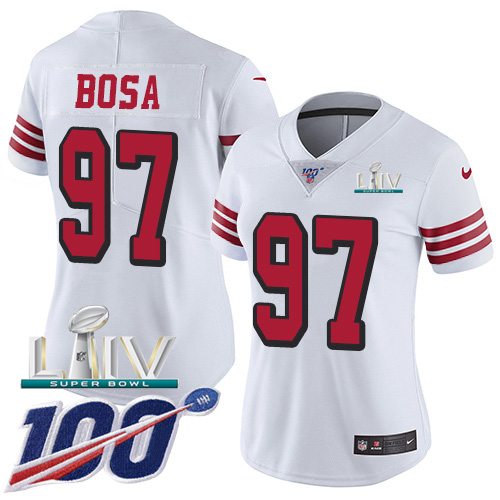 Nike 49ers #97 Nick Bosa White Super Bowl LIV 2020 Rush Women's Stitched NFL Limited 100th Season Jersey Nike 49ers #97 Nick Bosa White Super Bowl LIV 2020 Rush Women's Stitched NFL Limited 100th Season Jersey