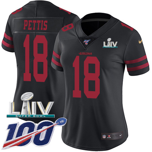 Nike 49ers #18 Dante Pettis Black Super Bowl LIV 2020 Alternate Women's Stitched NFL 100th Season Vapor Limited Jersey Nike 49ers #18 Dante Pettis Black Super Bowl LIV 2020 Alternate Women's Stitched NFL 100th Season Vapor Limited Jersey
