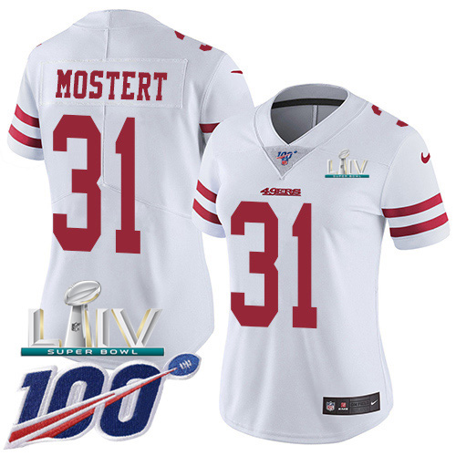 Nike 49ers #31 Raheem Mostert White Super Bowl LIV 2020 Women's Stitched NFL 100th Season Vapor Untouchable Limited Jersey Nike 49ers #31 Raheem Mostert White Super Bowl LIV 2020 Women's Stitched NFL 100th Season Vapor Untouchable Limited Jersey