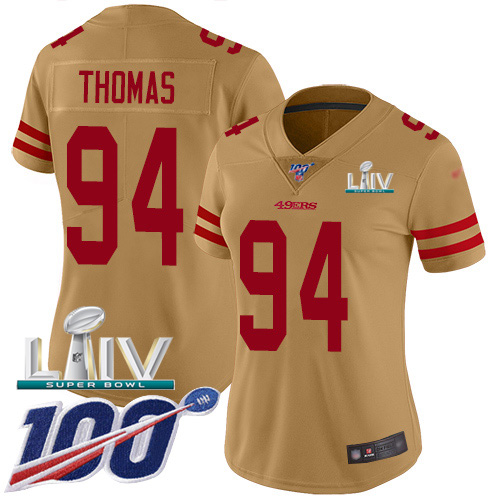 Nike 49ers #94 Solomon Thomas Gold Super Bowl LIV 2020 Women's Stitched NFL Limited Inverted Legend 100th Season Jersey Nike 49ers #94 Solomon Thomas Gold Super Bowl LIV 2020 Women's Stitched NFL Limited Inverted Legend 100th Season Jersey