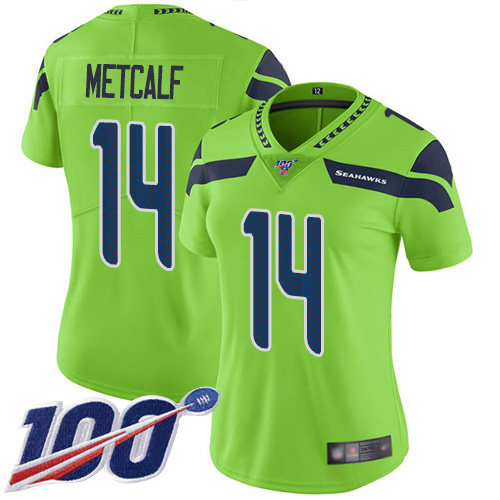 Nike Seahawks #14 D.K. Metcalf Green Women's Stitched NFL Limited Rush 100th Season Jersey