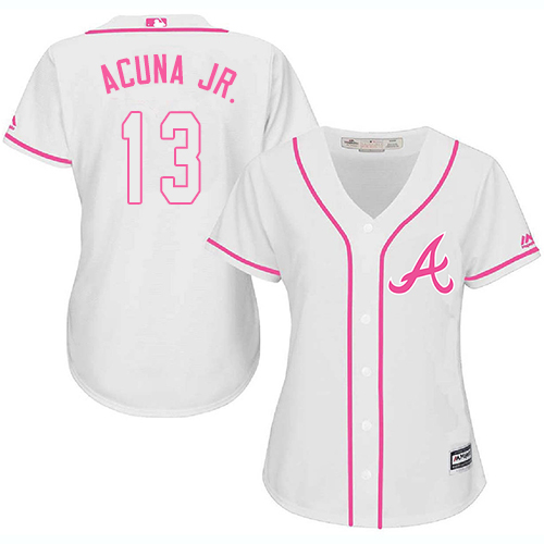 Braves #13 Ronald Acuna Jr. White/Pink Fashion Women's Stitched MLB Jersey
