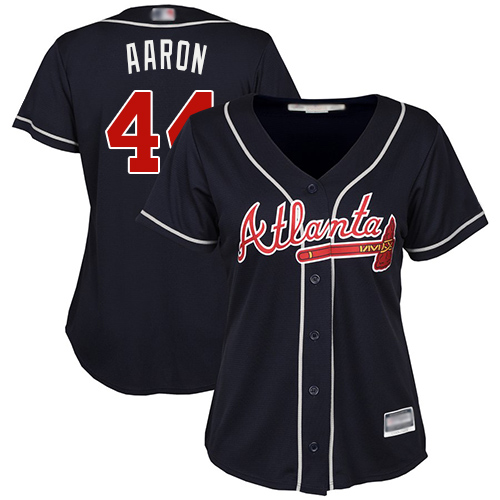 Braves #44 Hank Aaron Navy Blue Alternate Women's Stitched MLB Jersey