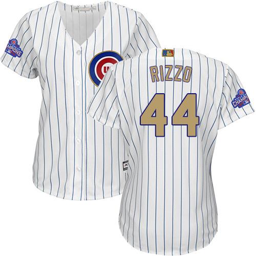 Cubs #44 Anthony Rizzo White(Blue Strip) 2017 Gold Program Cool Base Women's Stitched MLB Jersey