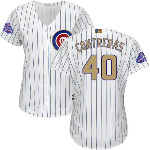 Cubs #40 Willson Contreras White(Blue Strip) 2017 Gold Program Cool Base Women's Stitched MLB Jersey