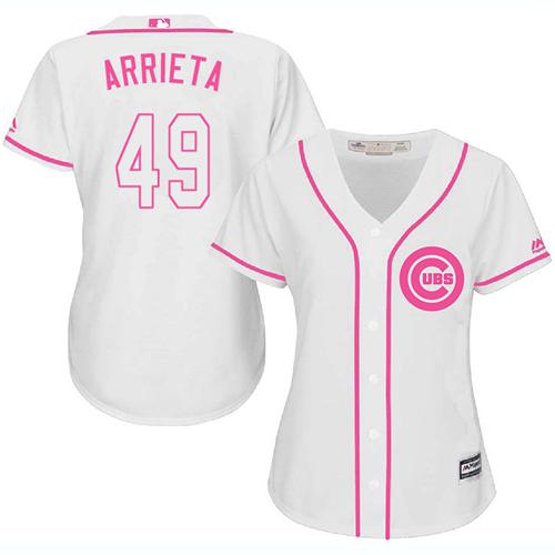 Cubs #49 Jake Arrieta White/Pink Fashion Women's Stitched MLB Jersey