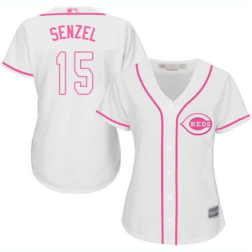 Reds #15 Nick Senzel White/Pink Fashion Women's Stitched MLB Jersey Reds #15 Nick Senzel White/Pink Fashion Women's Stitched MLB Jersey