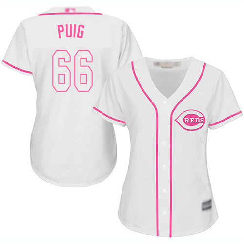 Reds #66 Yasiel Puig White/Pink Fashion Women's Stitched MLB Jersey