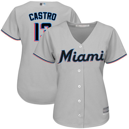 Marlins #13 Starlin Castro Grey Road Women's Stitched MLB Jersey