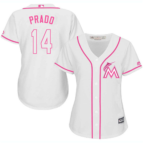 Marlins #14 Martin Prado White/Pink Fashion Women's Stitched MLB Jersey