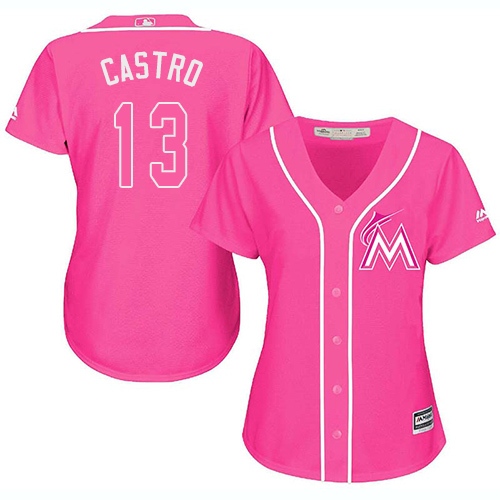 Marlins #13 Starlin Castro Pink Fashion Women's Stitched MLB Jersey Marlins #13 Starlin Castro Pink Fashion Women's Stitched MLB Jersey