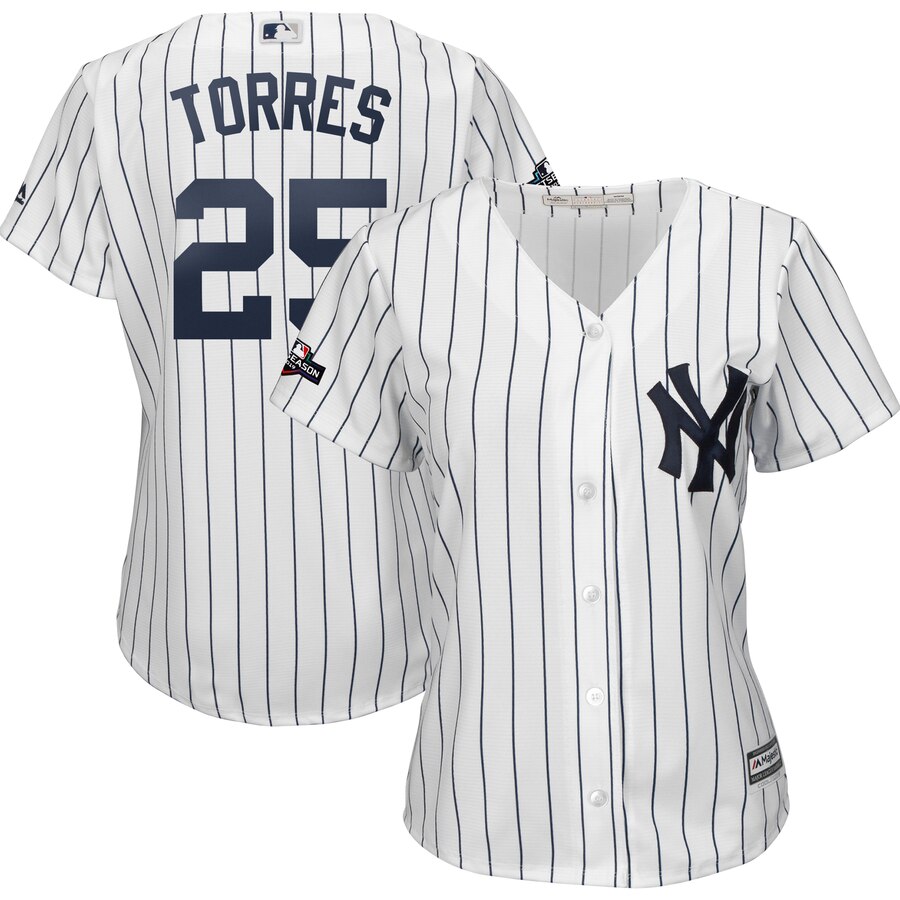 New York Yankees #25 Gleyber Torres Majestic Women's 2019 Postseason Official Cool Base Player Jersey White Navy New York Yankees #25 Gleyber Torres Majestic Women's 2019 Postseason Official Cool Base Player Jersey White Navy