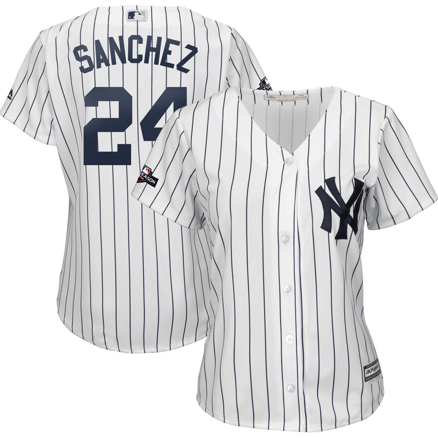 New York Yankees #24 Gary Sanchez Majestic Women's 2019 Postseason Official Cool Base Player Jersey White Navy New York Yankees #24 Gary Sanchez Majestic Women's 2019 Postseason Official Cool Base Player Jersey White Navy
