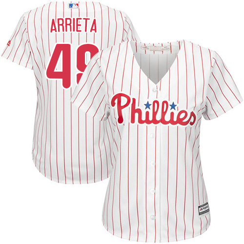 Phillies #49 Jake Arrieta White(Red Strip) Home Women's Stitched MLB Jersey Phillies #49 Jake Arrieta White(Red Strip) Home Women's Stitched MLB Jersey