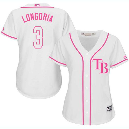 Rays #3 Evan Longoria White/Pink Fashion Women's Stitched MLB Jersey
