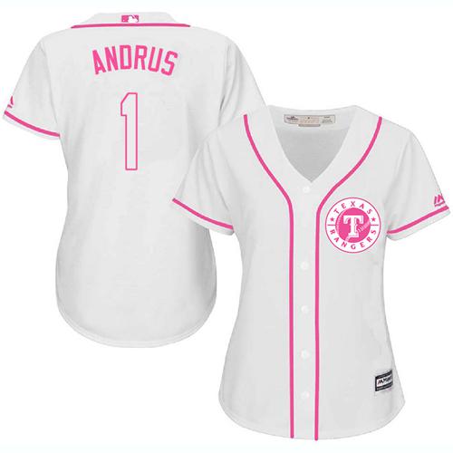 Rangers #1 Elvis Andrus White/Pink Fashion Women's Stitched MLB Jersey Rangers #1 Elvis Andrus White/Pink Fashion Women's Stitched MLB Jersey