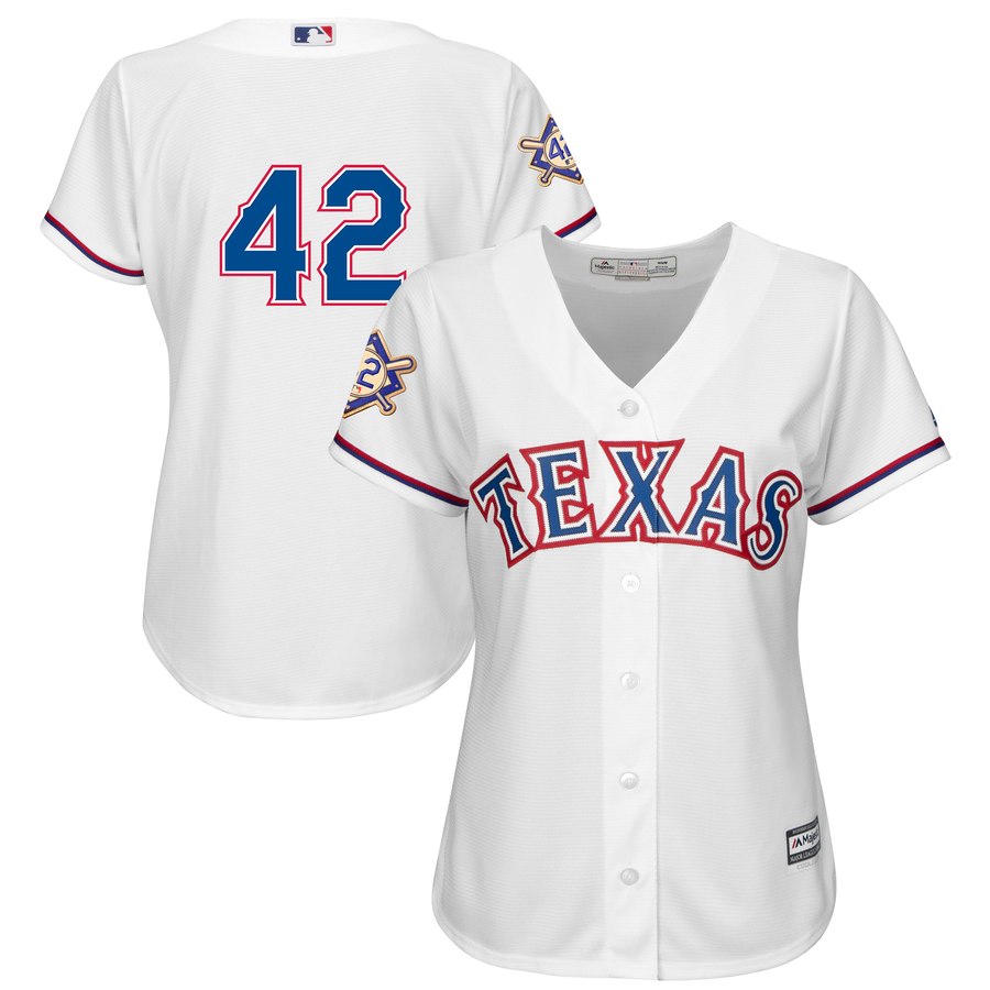 Texas Rangers #42 Majestic Women's 2019 Jackie Robinson Day Official Cool Base Jersey White Texas Rangers #42 Majestic Women's 2019 Jackie Robinson Day Official Cool Base Jersey White