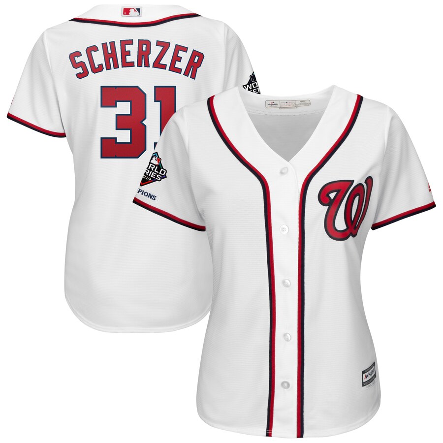 Washington Nationals #31 Max Scherzer Majestic Women's 2019 World Series Champions Home Official Cool Base Bar Patch Player Jersey White Washington Nationals #31 Max Scherzer Majestic Women's 2019 World Series Champions Home Official Cool Base Bar Patch Player Jersey White