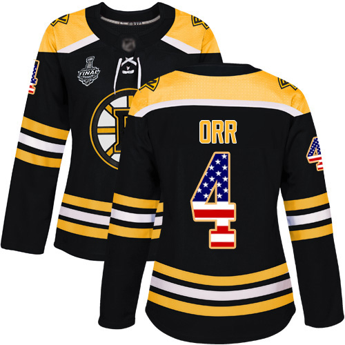 Adidas Bruins #4 Bobby Orr Black Home Authentic USA Flag Stanley Cup Final Bound Women's Stitched NHL Jersey