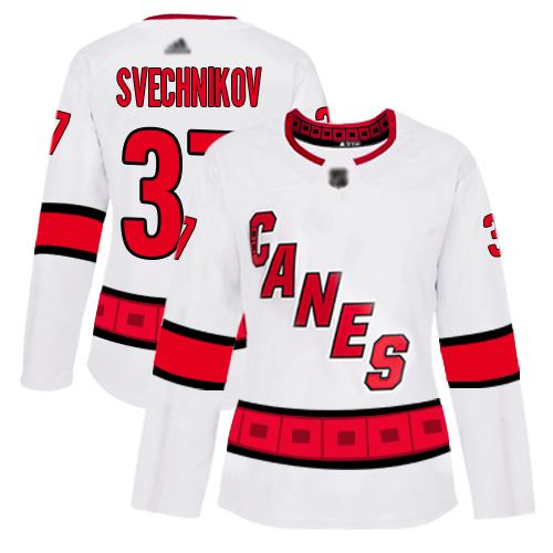 Adidas Hurricanes #37 Andrei Svechnikov White Road Authentic Women's Stitched NHL Jersey