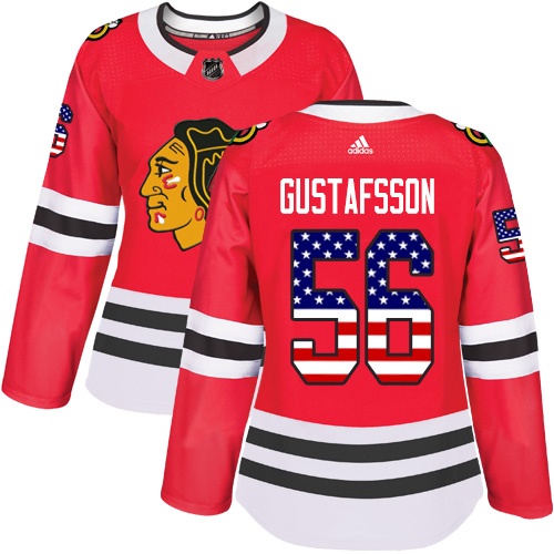 Adidas Blackhawks #56 Erik Gustafsson Red Home Authentic USA Flag Women's Stitched NHL Jersey