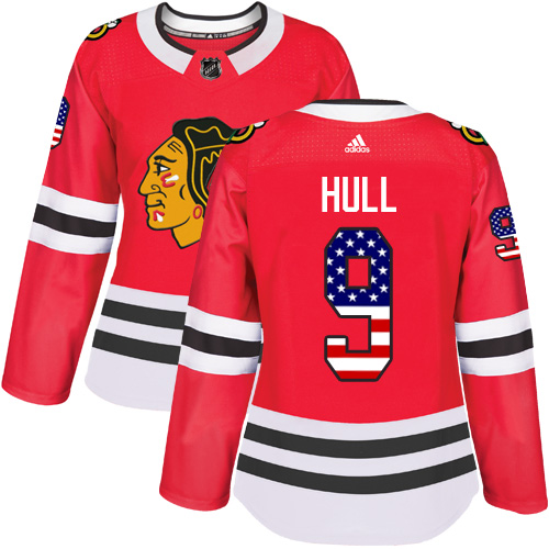 Adidas Blackhawks #9 Bobby Hull Red Home Authentic USA Flag Women's Stitched NHL Jersey Adidas Blackhawks #9 Bobby Hull Red Home Authentic USA Flag Women's Stitched NHL Jersey