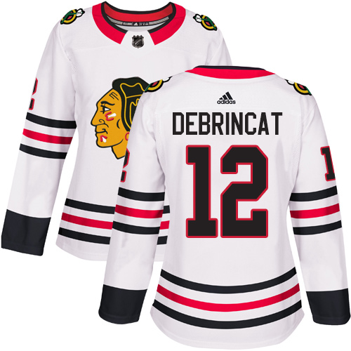 Adidas Blackhawks #12 Alex DeBrincat White Road Authentic Women's Stitched NHL Jersey Adidas Blackhawks #12 Alex DeBrincat White Road Authentic Women's Stitched NHL Jersey